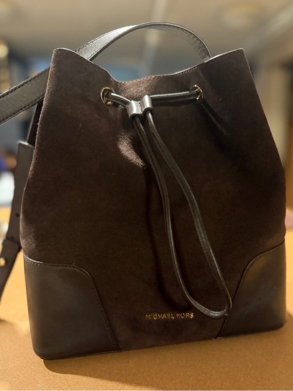 Michael Kors Dark Brown Suede & Leather Drawstring Bucket Bag